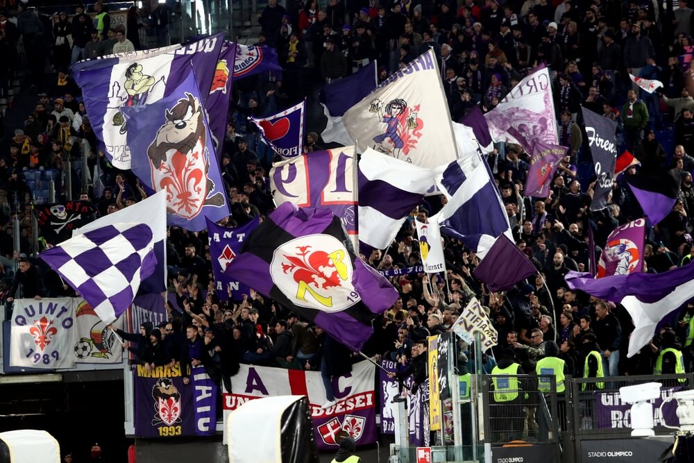 Rome,,Italy,10.12.2023:,Flags,Of,The,Fiorentina,Fans,Wave,In